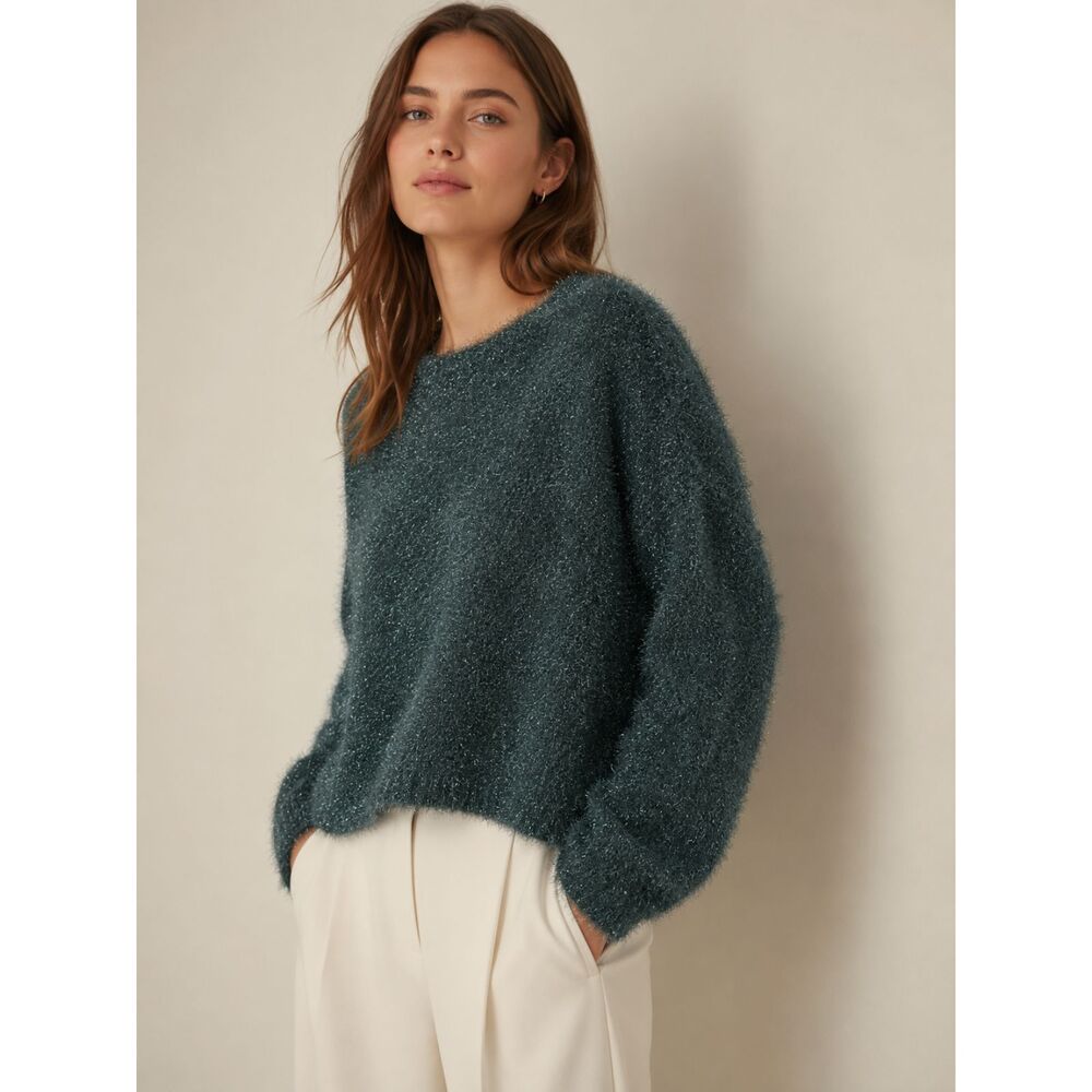 NWT Vince Eyelash Knit Shimmer Sweater XL Green Boxy Luxury $325
